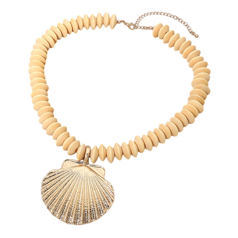 Madeline Love Ivory, Worn Gold Seashell Accent Wooden Beaded Statement Necklace - Necklaces - extra