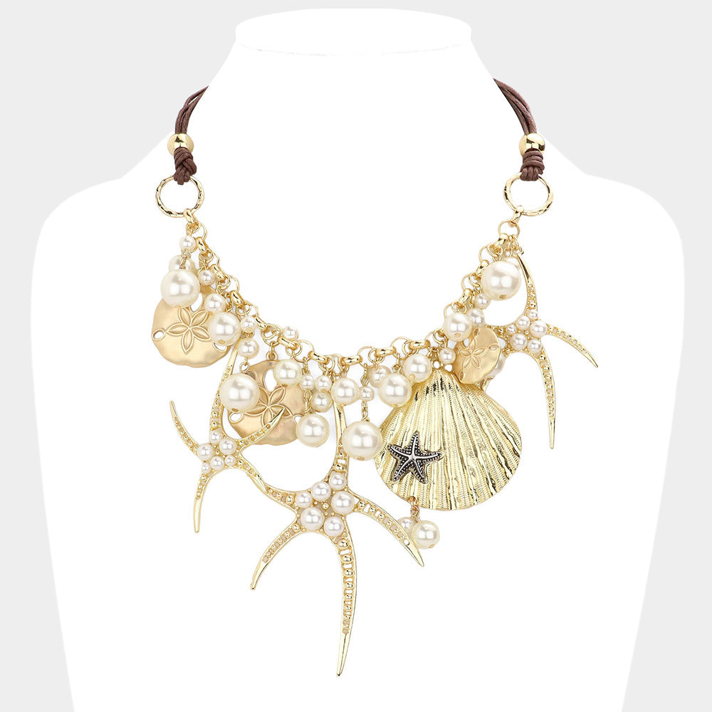 Gold Pearl embellished starfish shell pendant necklace