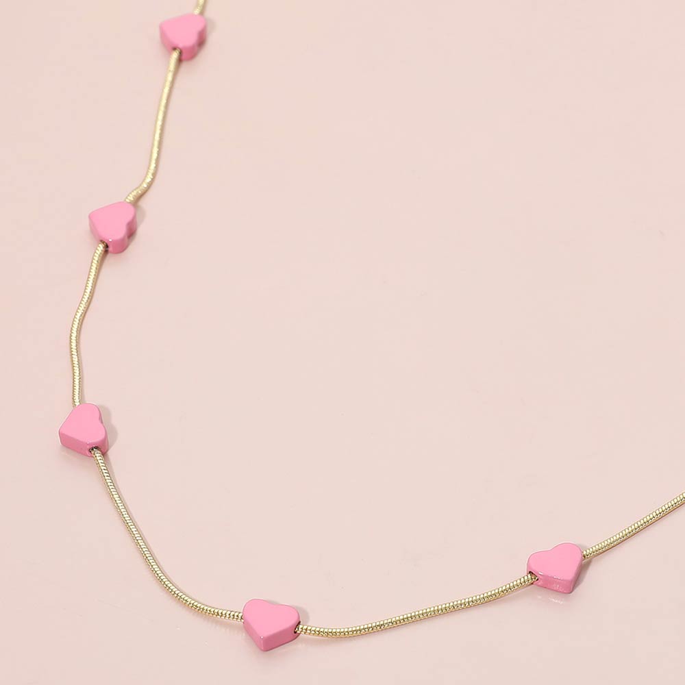 Madeline Love Gold, Pink Flat Heart Charm Station Necklace - Necklaces