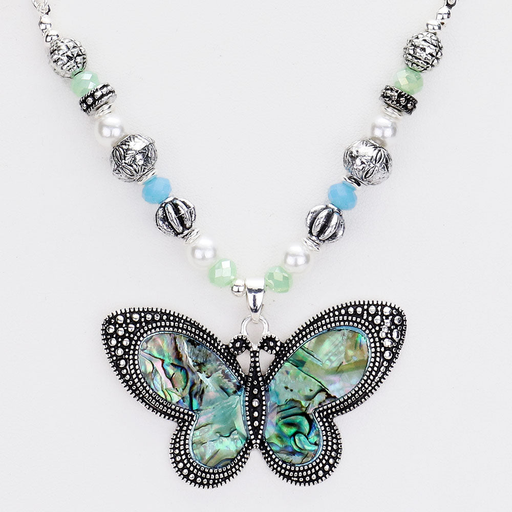 Madeline Love Abalone, Antique Silver Abalone Butterfly Beaded Necklace - Necklaces - desc