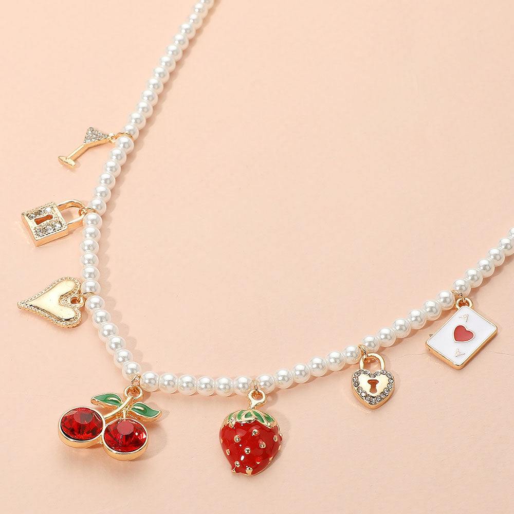 Madeline Love Gold Cherry Strawberry Heart Lock Martini Glass Charm Pearl Beaded Necklace - Necklaces