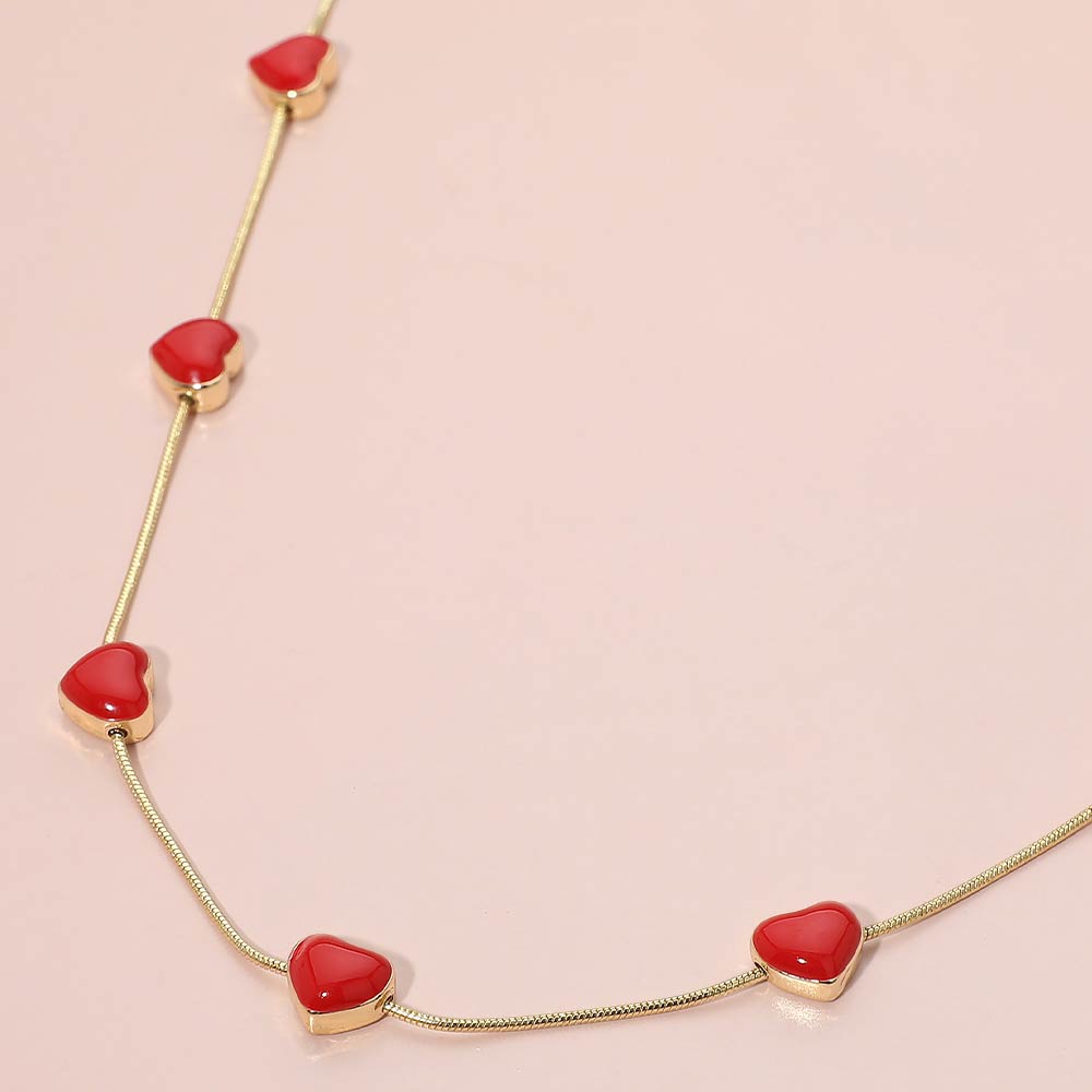 Madeline Love Red Enamel Heart Charm Station Necklace - Necklaces