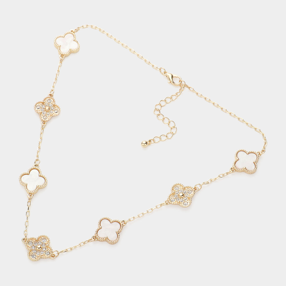 Madeline Love Gold, Mother of Pearl, White Stone Paved Mother Of Pearl Quatrefoil Station Necklace - Necklaces - desc