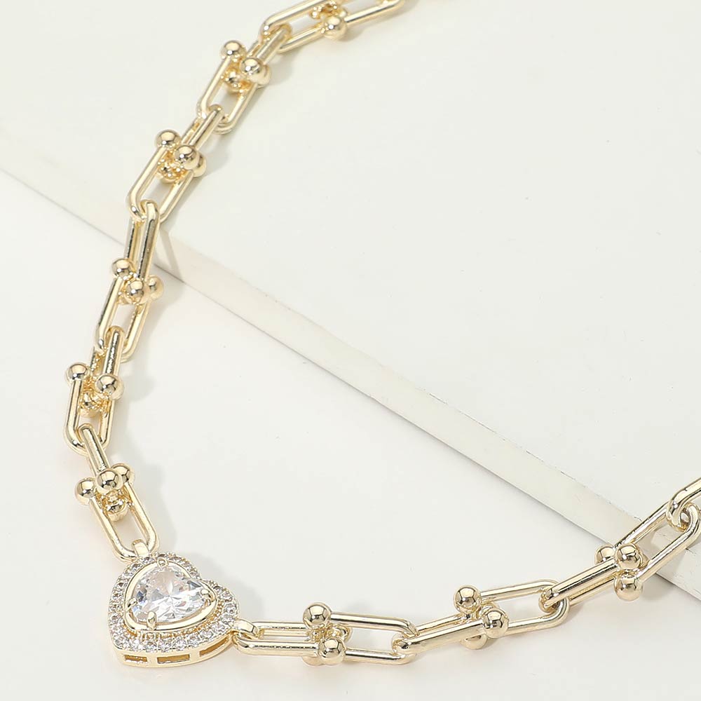 Madeline Love Gold 14K Gold Plated Heart CZ Stone Accent Industrial Link Chain Necklace