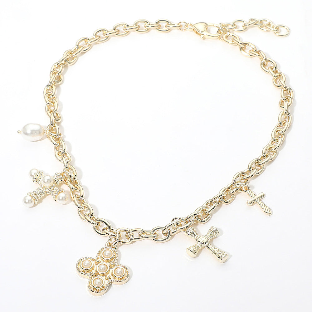 Madeline Love Gold Pearl Embellished Cross Charm Station Necklace
