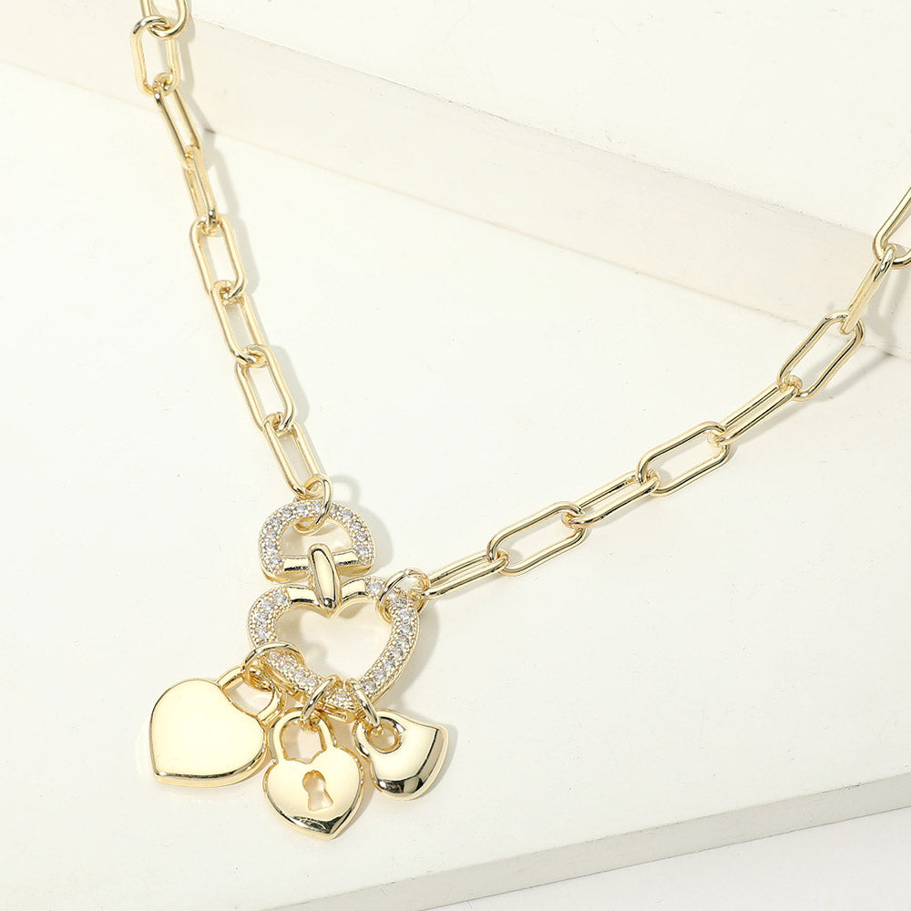 Madeline Love Gold 14K Gold Plated CZ Pave Heart Ring Triple Padlock Charm Pendant Paperclip Chain Necklace