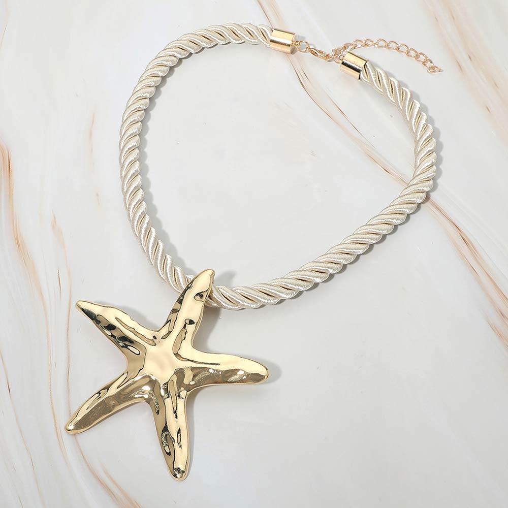 Madeline Love Gold, White Hammered Metal Starfish Pendant Accent Bold Rope Chain Statement Necklace - Necklaces