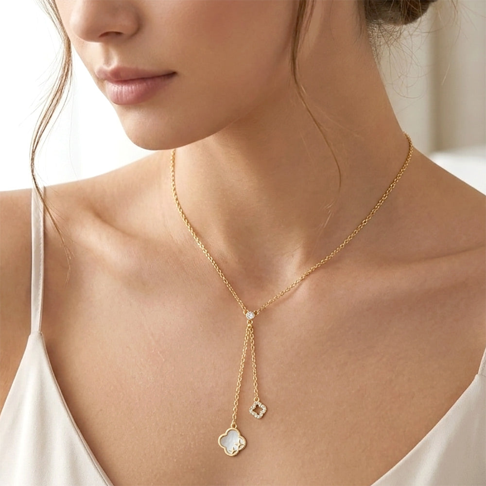 Madeline Love Gold, Mother of Pearl, White Gold Dipped CZ Bezel Accent Double Quatrefoil Charm Drop Necklace