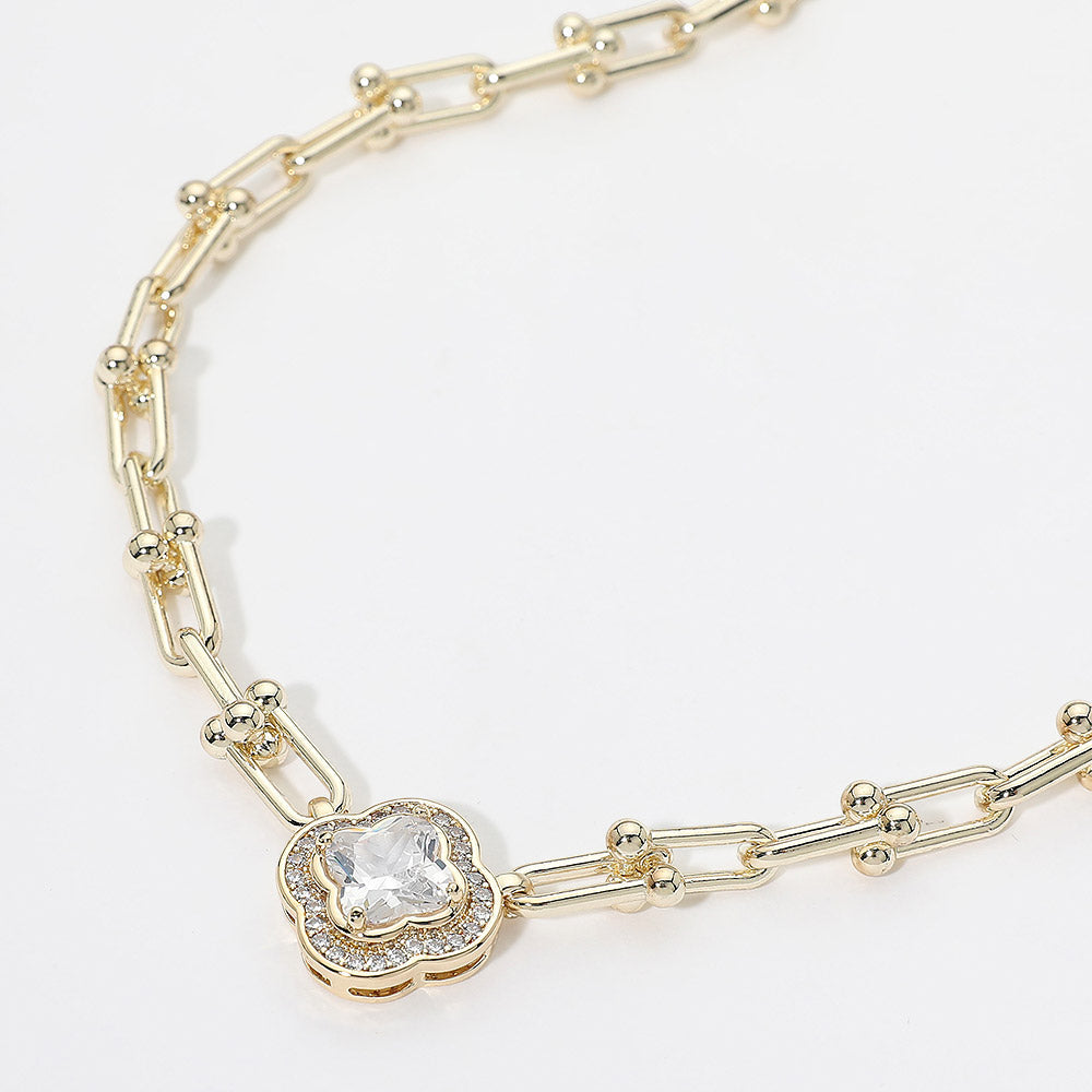 Madeline Love Gold 14K Gold Plated Quatrefoil CZ Charm Accent Industrial Link Necklace