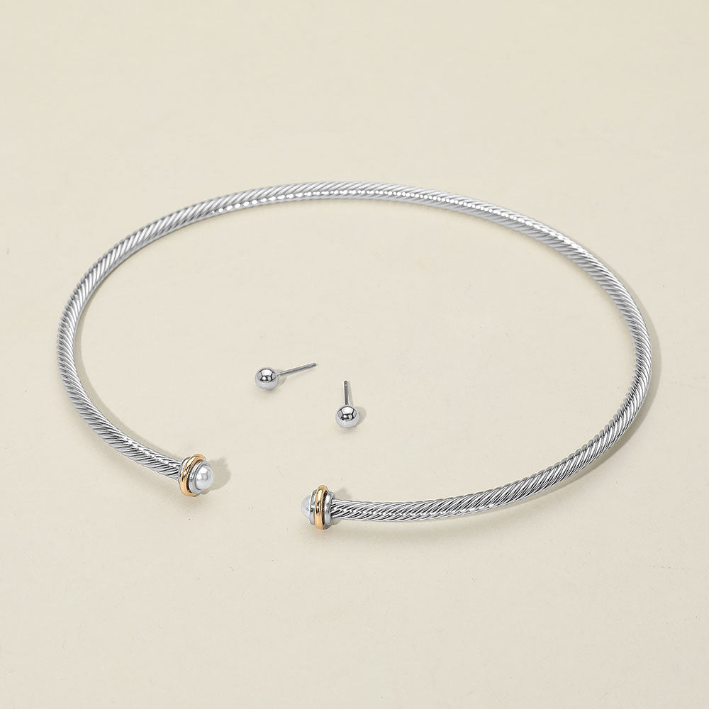 Madeline Love Cream, Rhodium Metal Twisted Pearl Ends Wire Choker Necklace