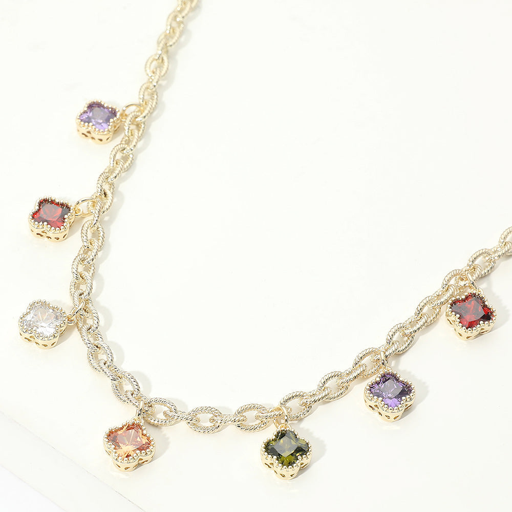 Madeline Love Gold, Multi 14K Gold Plated Colorful Quatrefoil CZ Charm Station Necklace