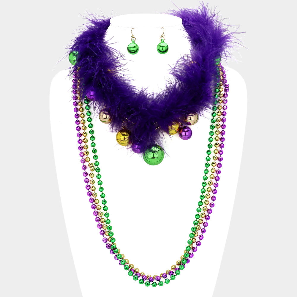 Gold, Multi Mardi Gras Feather Ball Beaded Layered Necklace