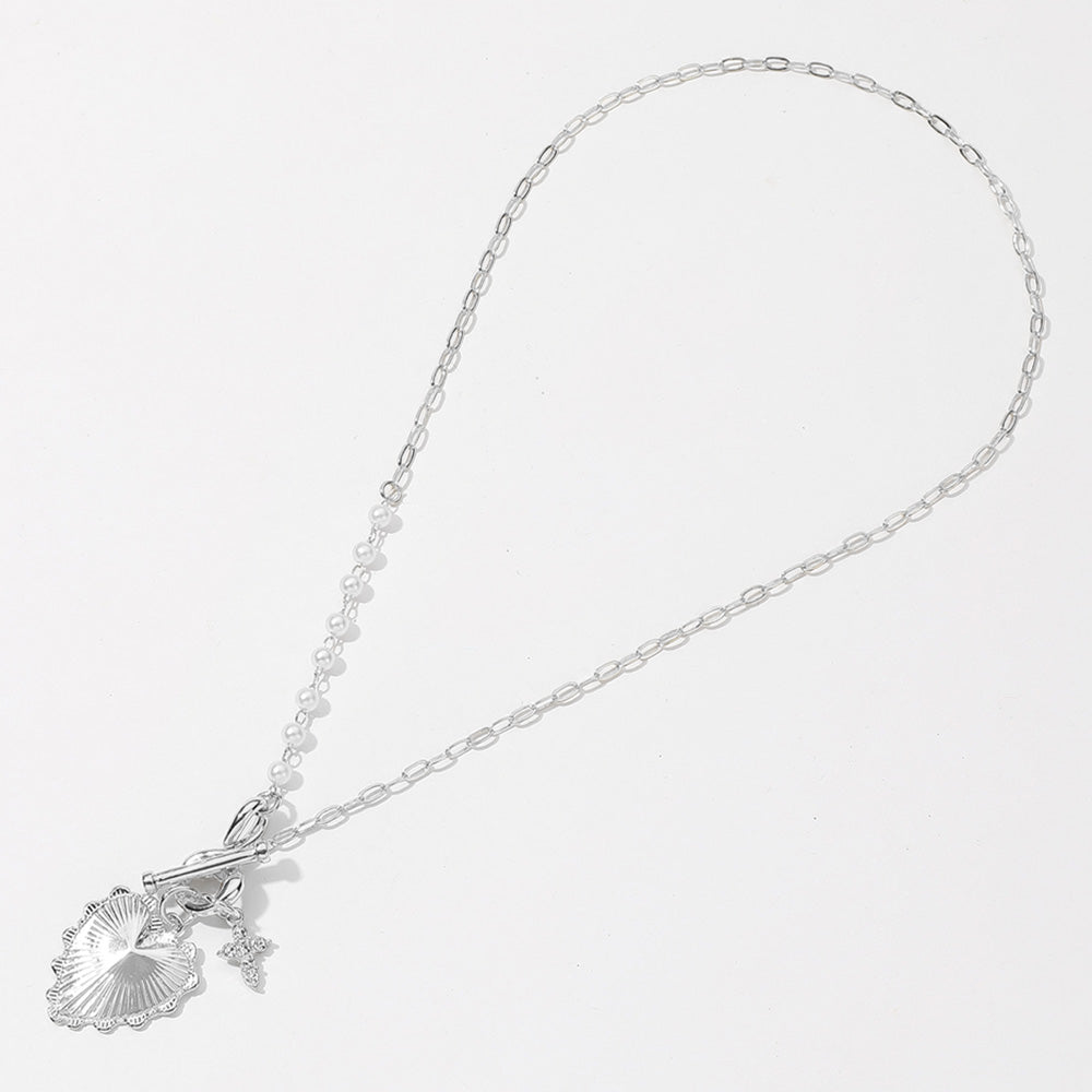 SECRET BOX_Sterling Silver Dipped Heart Stone Paved Cross Charm Half Pearl Chain Toggle Necklace - Silver - Necklaces