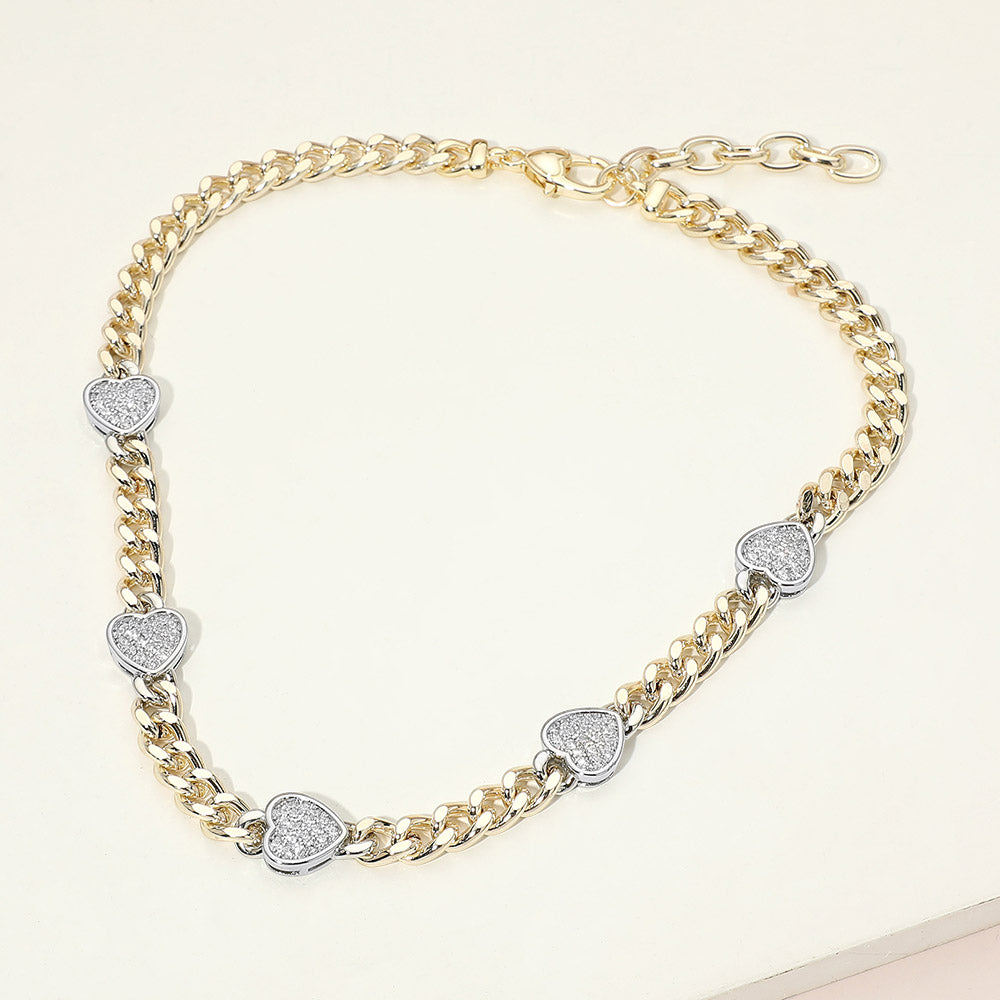 Madeline Love Two Tone 14K Gold Plated Heart CZ Pave Charm Station Cuban Chain Necklace