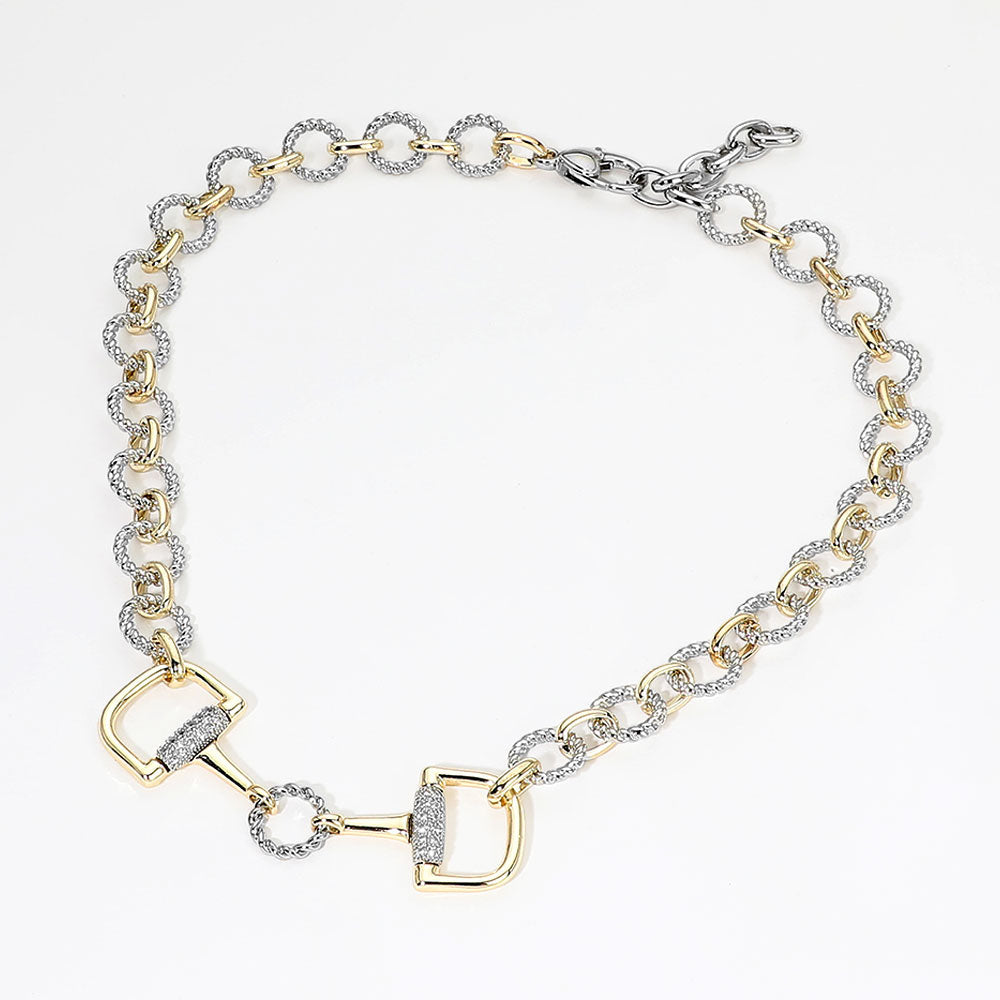 Madeline Love Gold, Silver 14K Gold Plated Two Tone CZ Pave Accent Equestrian Horsebit Link Chain Necklace
