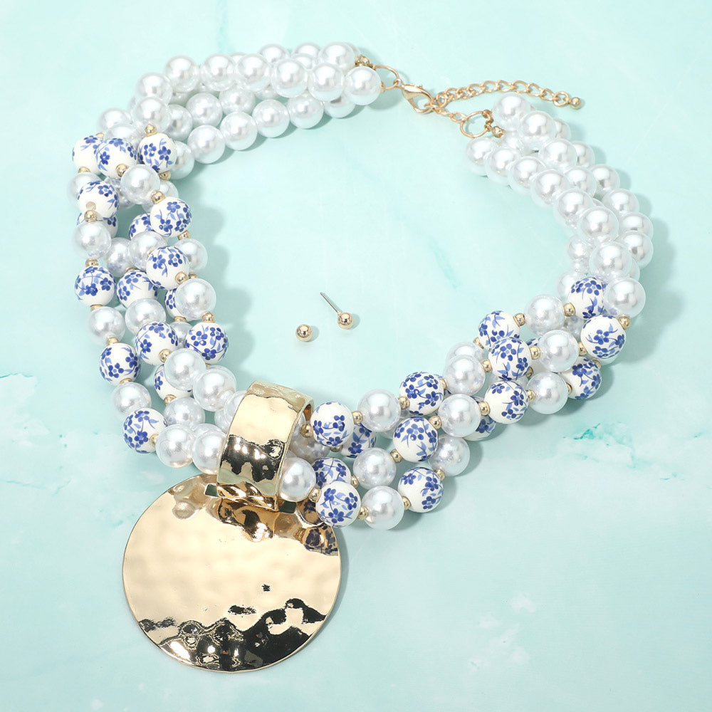 Madeline Love Gold Bold Hammered Disc Plate Pendant Accent Multi Strand Pearl Floral Ceramic Ball Beaded Statement Necklace - Earrings
