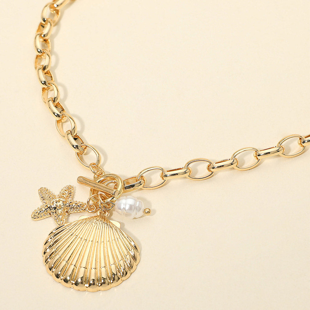 Madeline Love Gold Seashell Starfish Pearl Charm Toggle Chunky Chain Necklace - Necklaces