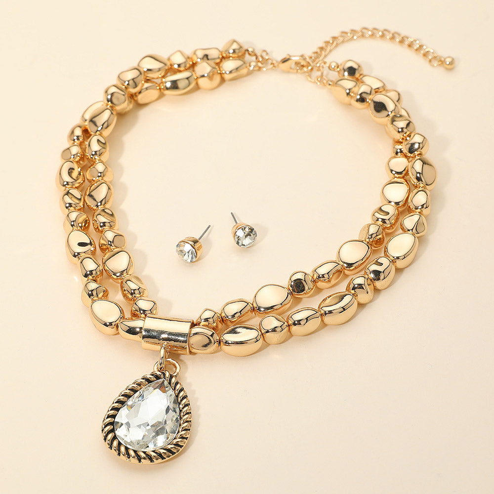 Madeline Love Clear, Gold Bold Teardrop Pendant Metal Pebble Beaded Double Layered Statement Necklace