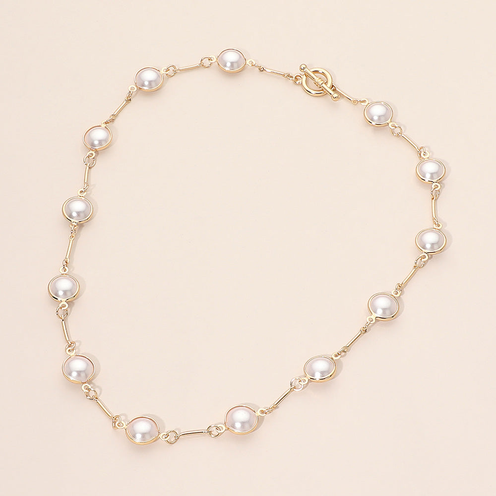 Madeline Love Cream, Gold Round Pearl Link Toggle Necklace