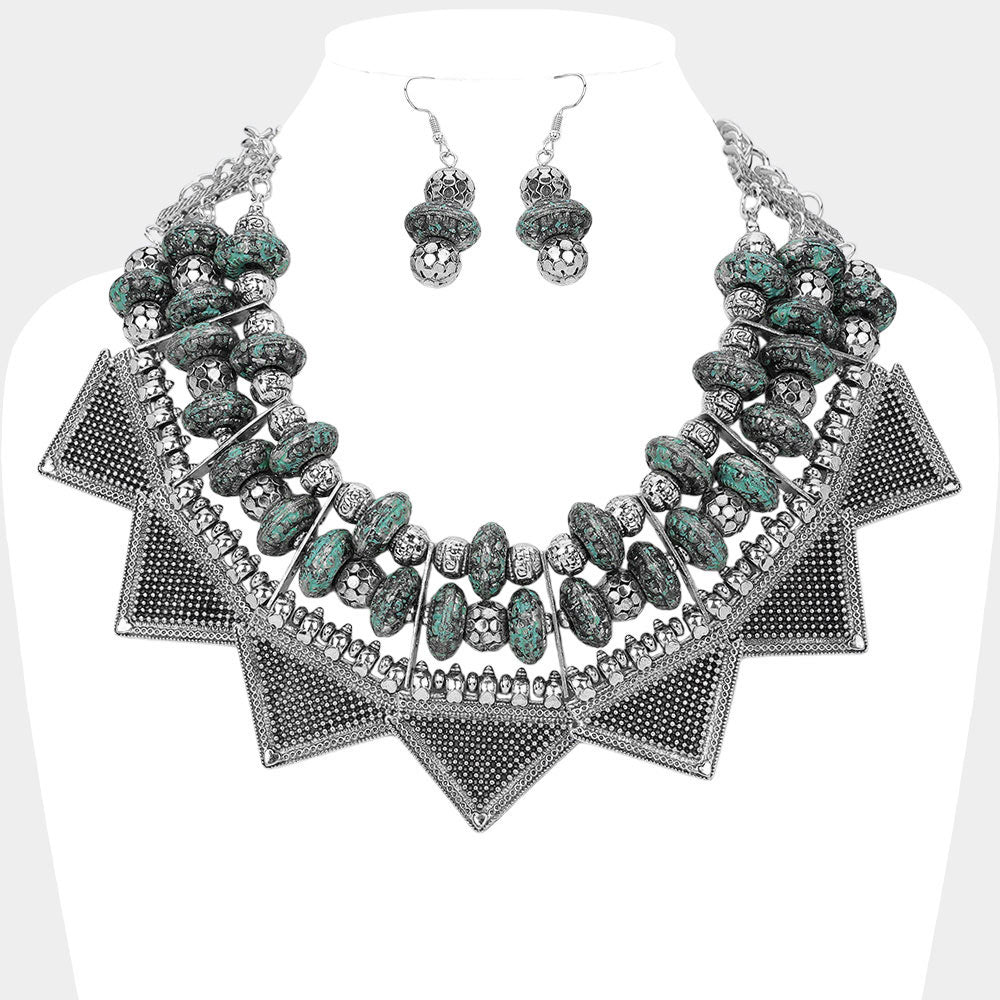 Madeline Love Antique Silver, Patina Verdigris Antique Metal Western Geometric Collar Statement Necklace - Necklaces