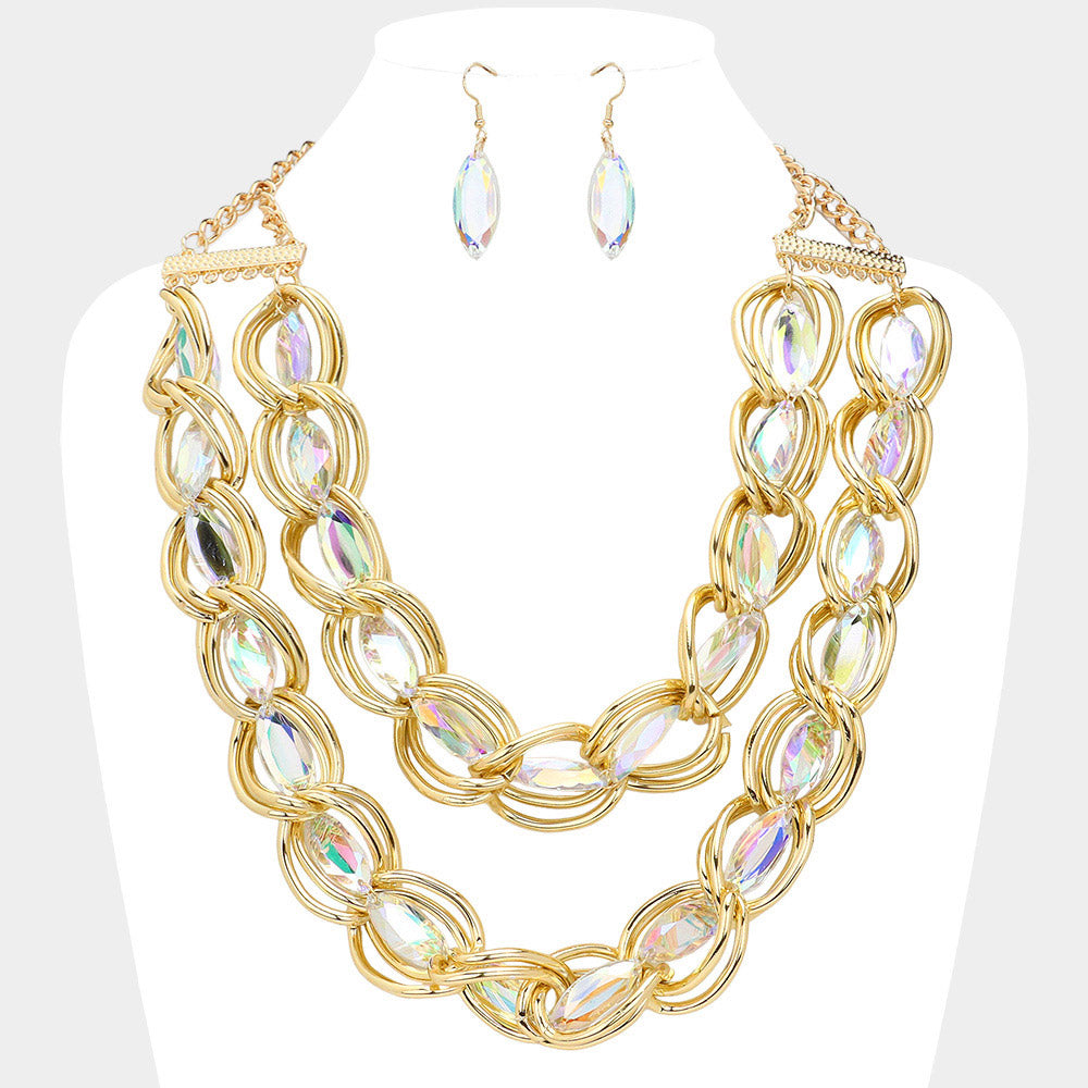 Madeline Love AB, Gold Faceted Marquise Stone Link Chunky Chain Layered Statement Necklace