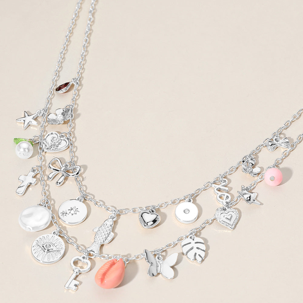 Pink, Rhodium Metal Key Fish Bow Heart Butterfly Leaf Puka Shell Pearl Flower XO Evil Eye Charm Station Double Layered Necklace