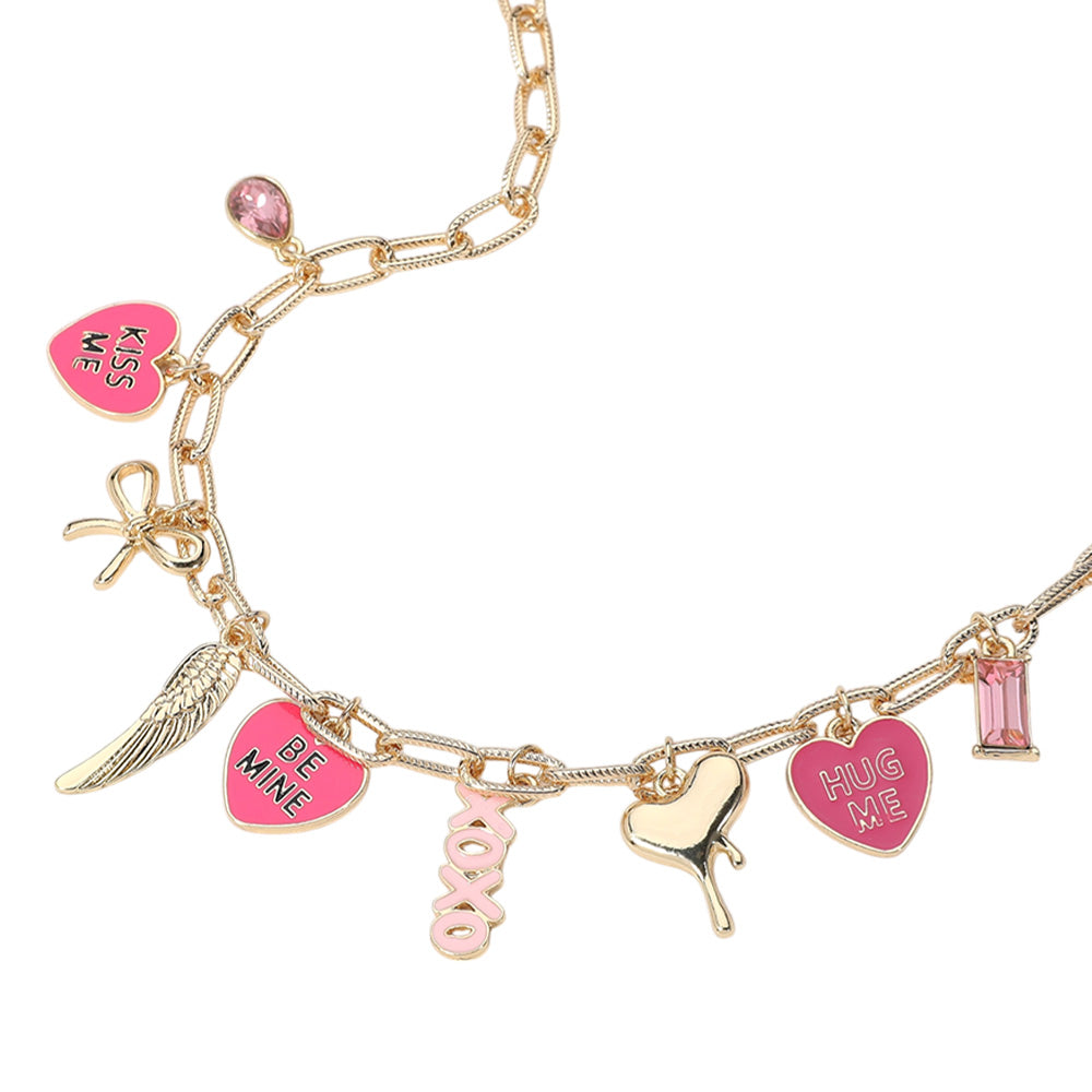 Enamel Heart KISS ME BE MINE HUG ME Message Metal Wing Bow Melting Heart Charm Station Textured Paperclip Chain Necklace