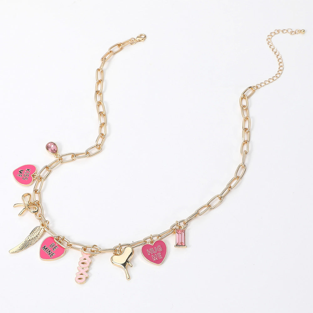 Enamel Heart KISS ME BE MINE HUG ME Message Metal Wing Bow Melting Heart Charm Station Textured Paperclip Chain Necklace