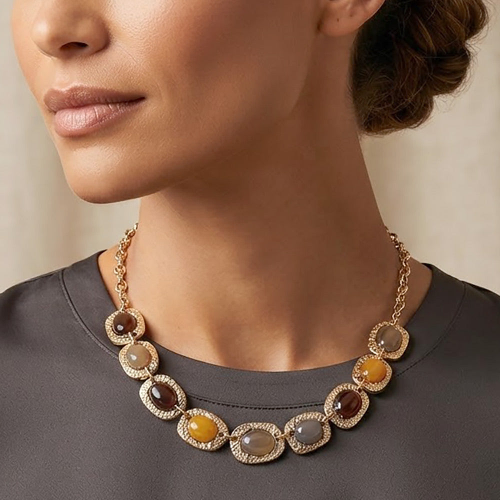 Madeline Love Antique Gold, Brown Boho Natural Stone Frame Link Necklace