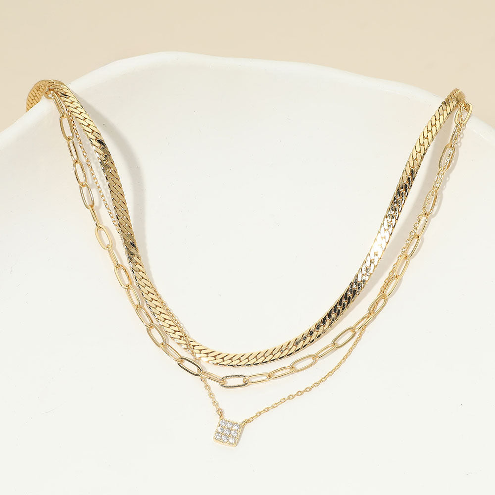 Madeline Love Clear, Gold 18K Gold Dipped Stone Pave Square Pendant Accent Herringbone Paperclip Chain Layered Necklace