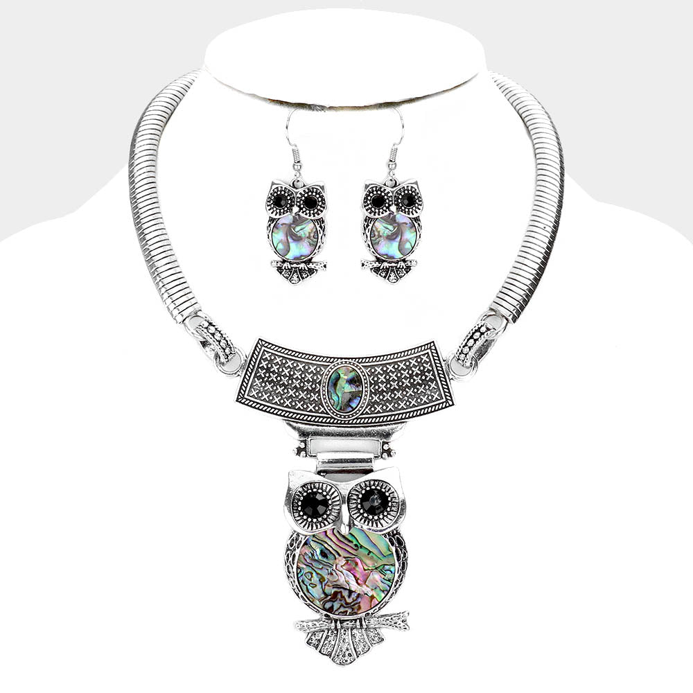 Madeline Love Abalone Embossed Metal Owl Natural Stone Round Necklace - Necklaces