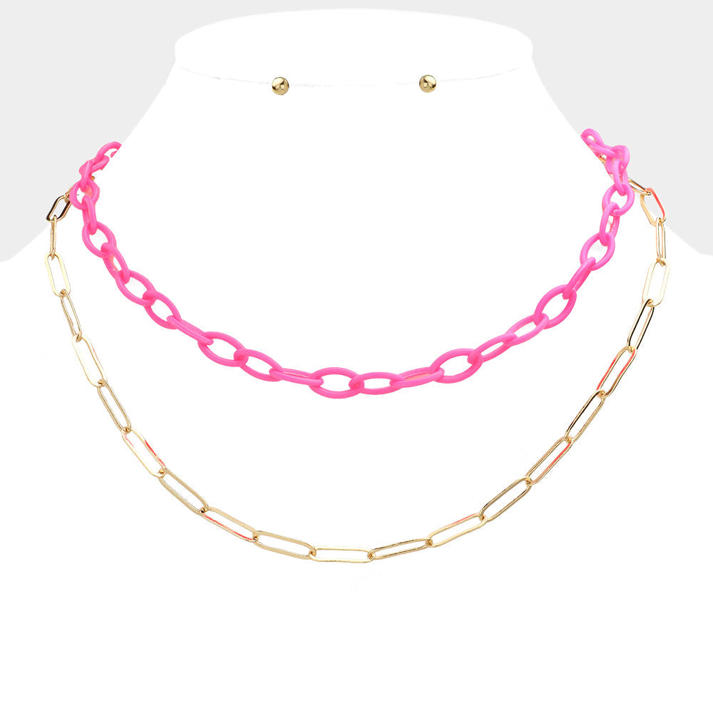 Madeline Love Fuchsia Double Layered Chain Necklace - Necklaces