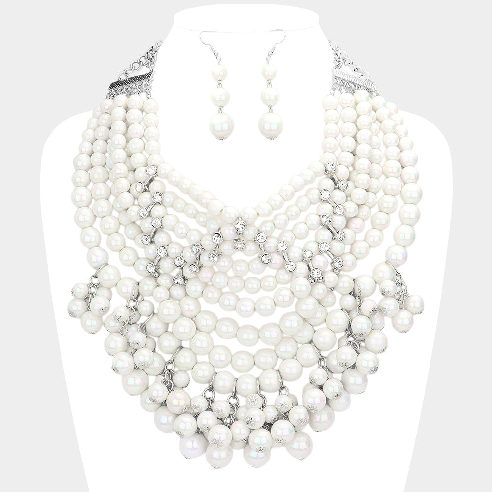 Madeline Love AB, Rhodium, White Bubble Multi Layered Statement Necklace - Necklaces
