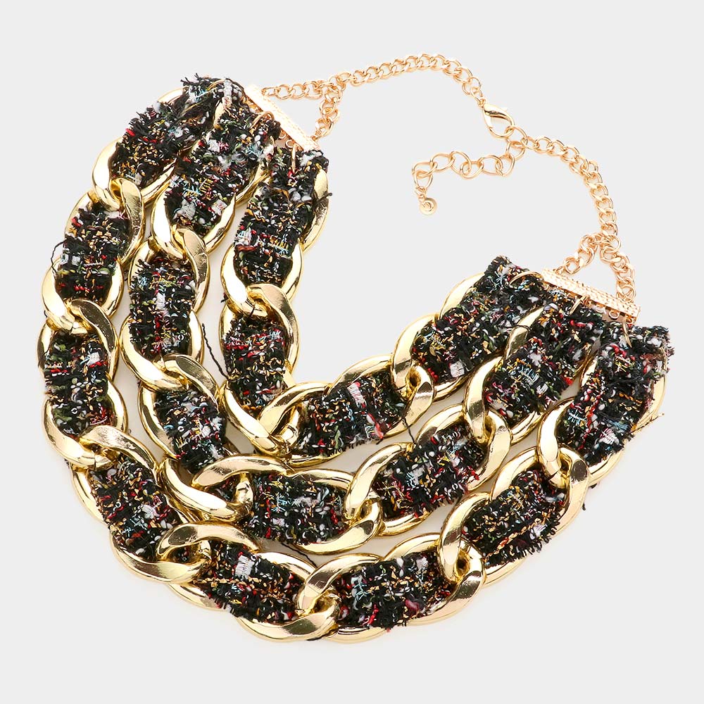 Madeline Love Black Tweed Fabric Metal Chain Link Triple Layered Bib Necklace - Necklaces - desc