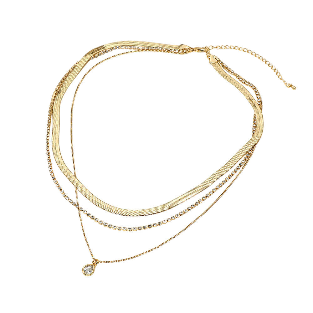 Madeline Love Clear, Gold 18K Gold Dipped Teardrop Stone Bezel Accent Herringbone Chain Layered Necklace - Necklaces - extra