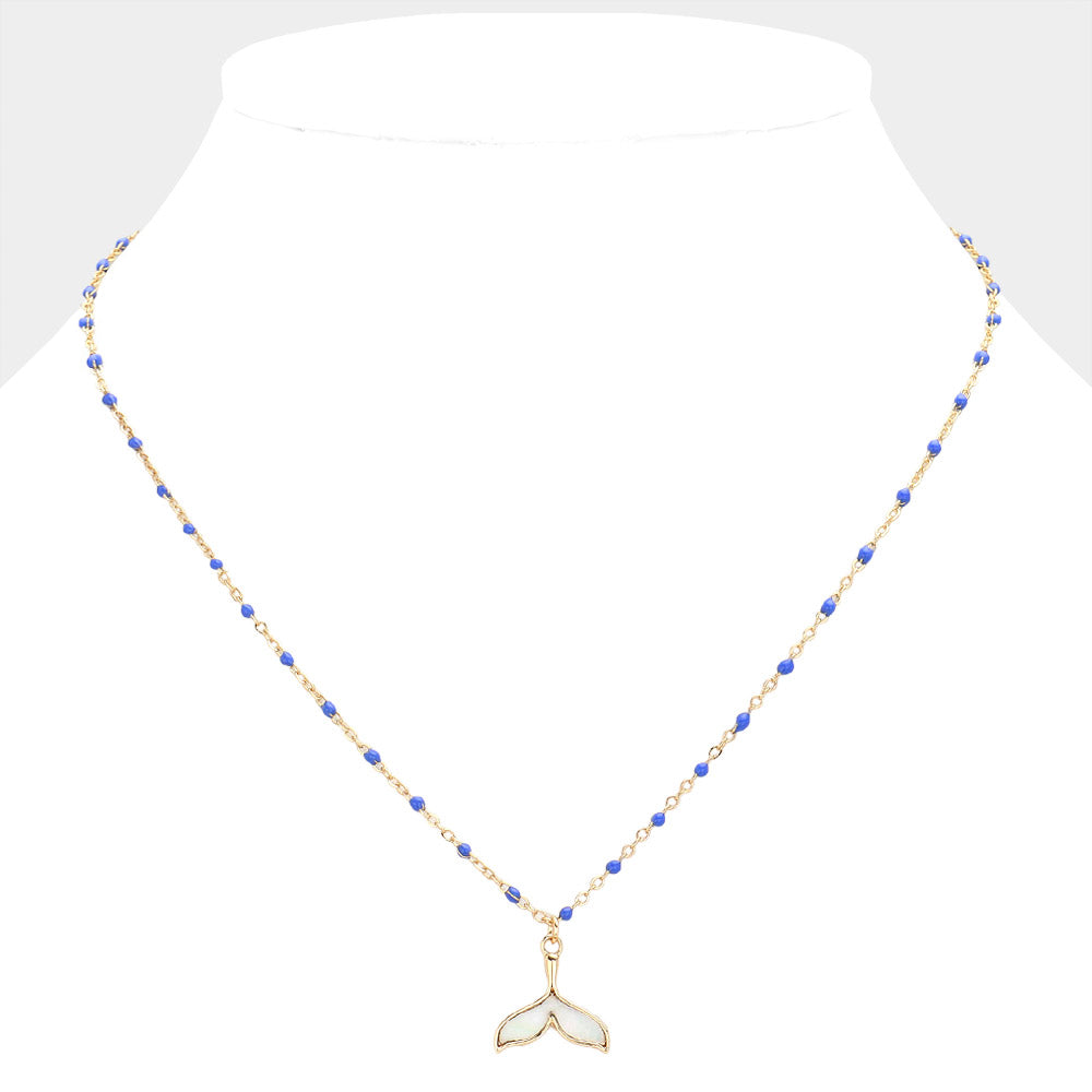 Blue Mother Of Pearl Beads Station Whale Tail Pendant Necklace