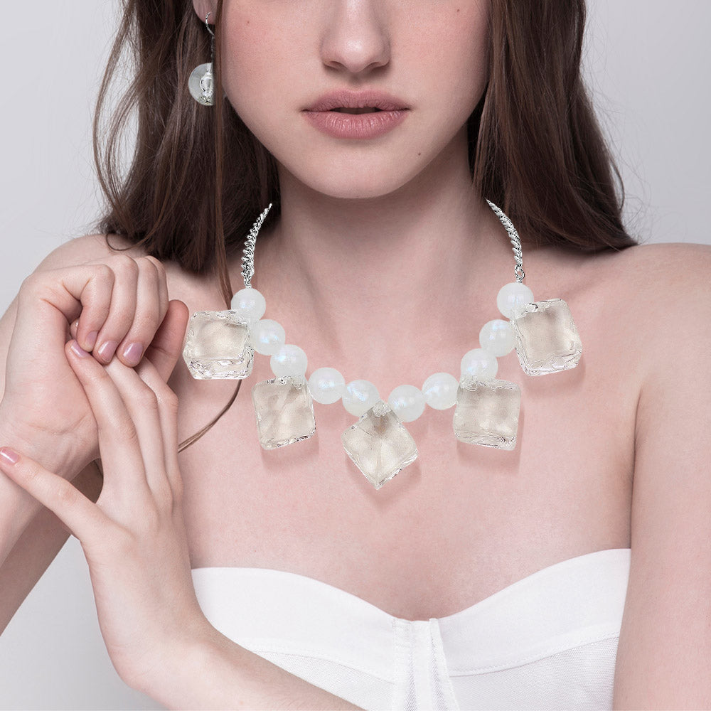 Madeline Love Clear, Lucite, Rhodium Lucite Cube Ball Beaded Statement Necklace - Necklaces
