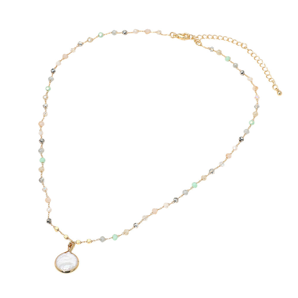 Madeline Love Cream, Mint Pearl Coin Pendant Faceted Beaded Chain Necklace - Necklaces - extra
