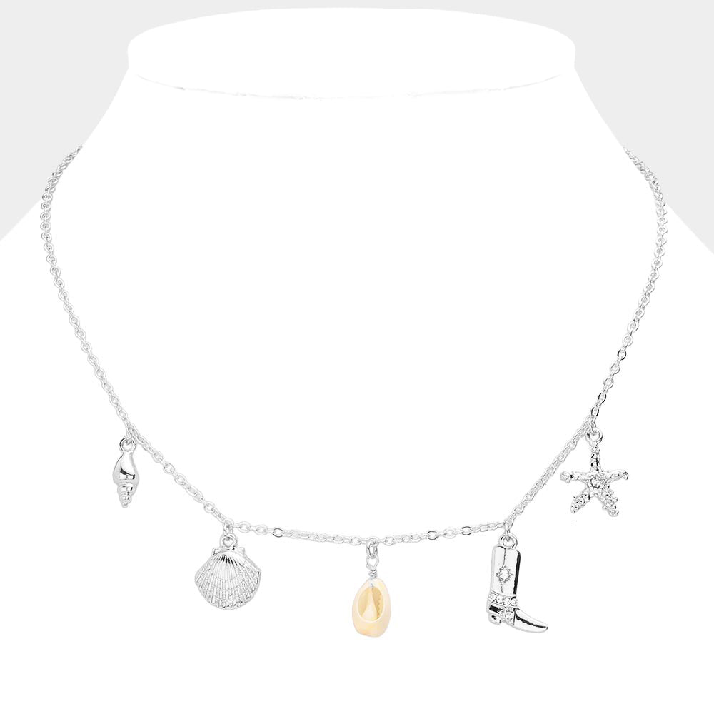 Madeline Love Rhodium Shell Western Boots Starfish Charm Station Necklace - Necklaces