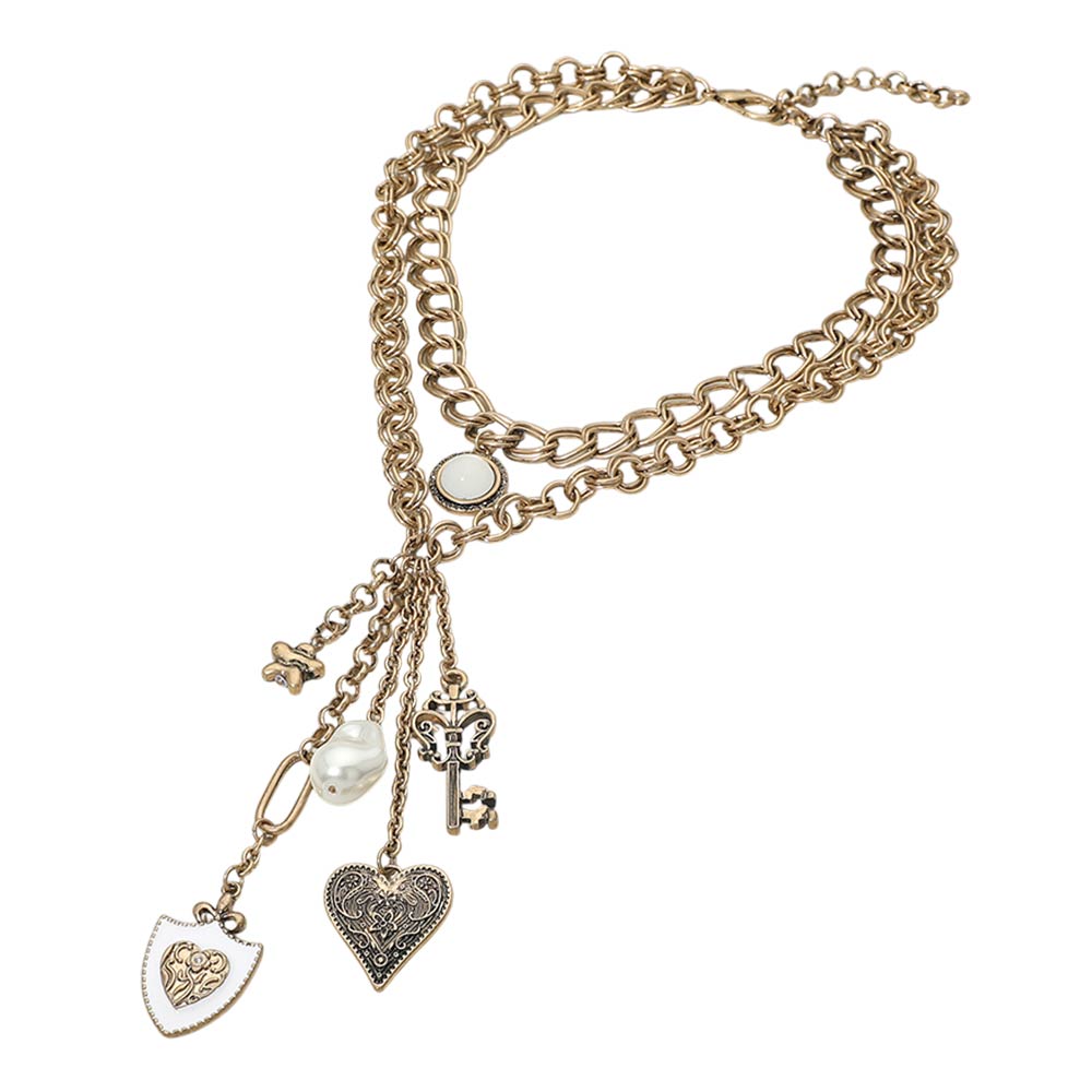 Madeline Love Gold, White Vintage Heart Pearl Key Flower Charm Drop Layered Statement Necklace - Necklaces - desc