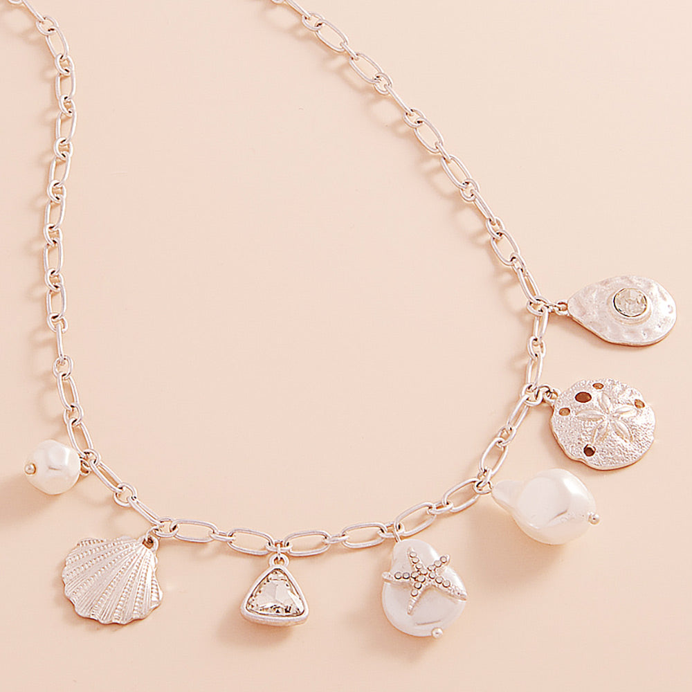 Madeline Love Matte Silver Metal Seashell Sand Dollar Pearl Starfish Charm Station Necklace - Necklaces