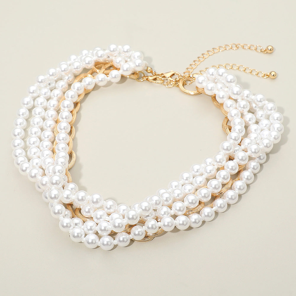 Madeline Love White 2PCS - Chunky Textured Metal Link Multi Layered Pearl Strand Necklaces