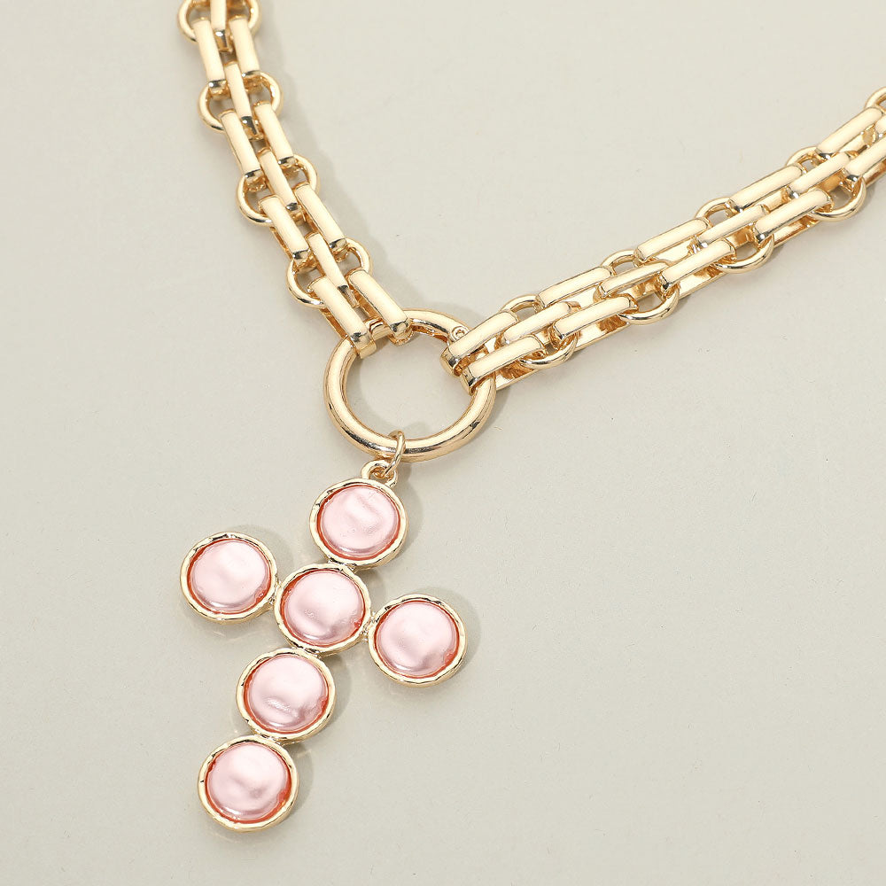 Madeline Love Gold, Pink Pearl Cross Charm Pendant Chunky Chain Statement Necklace