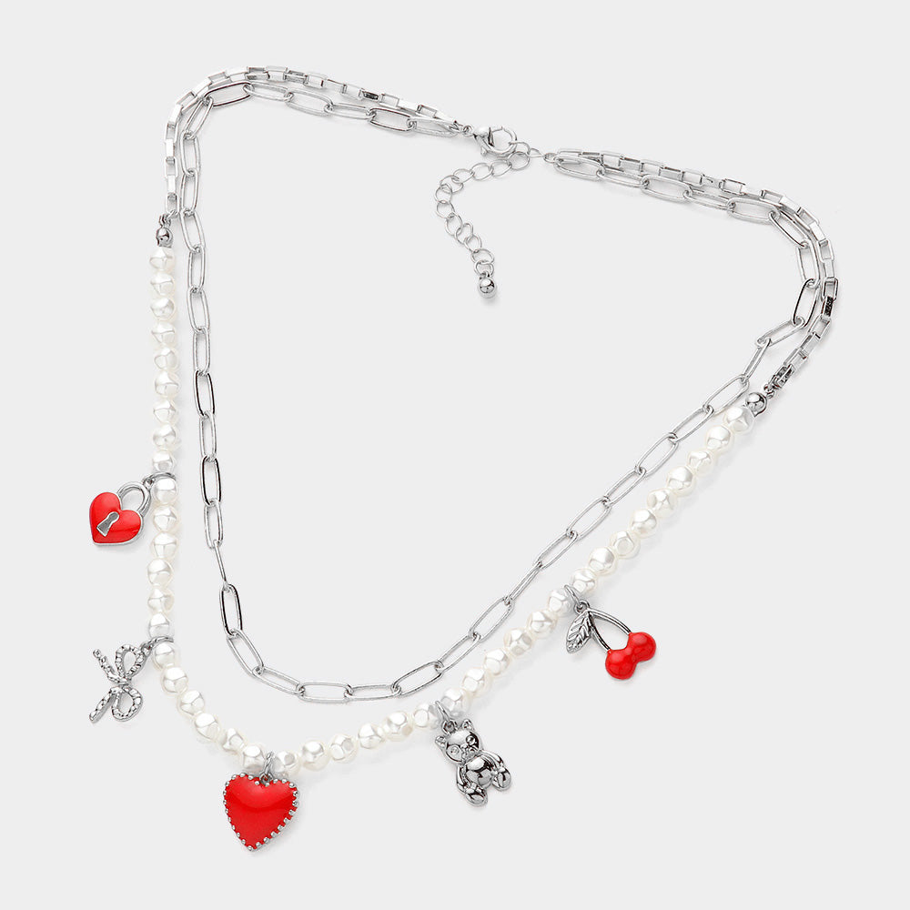 Enamel Heart Lock Cherry Metal Bow Bear Pendant Double Layered Necklace