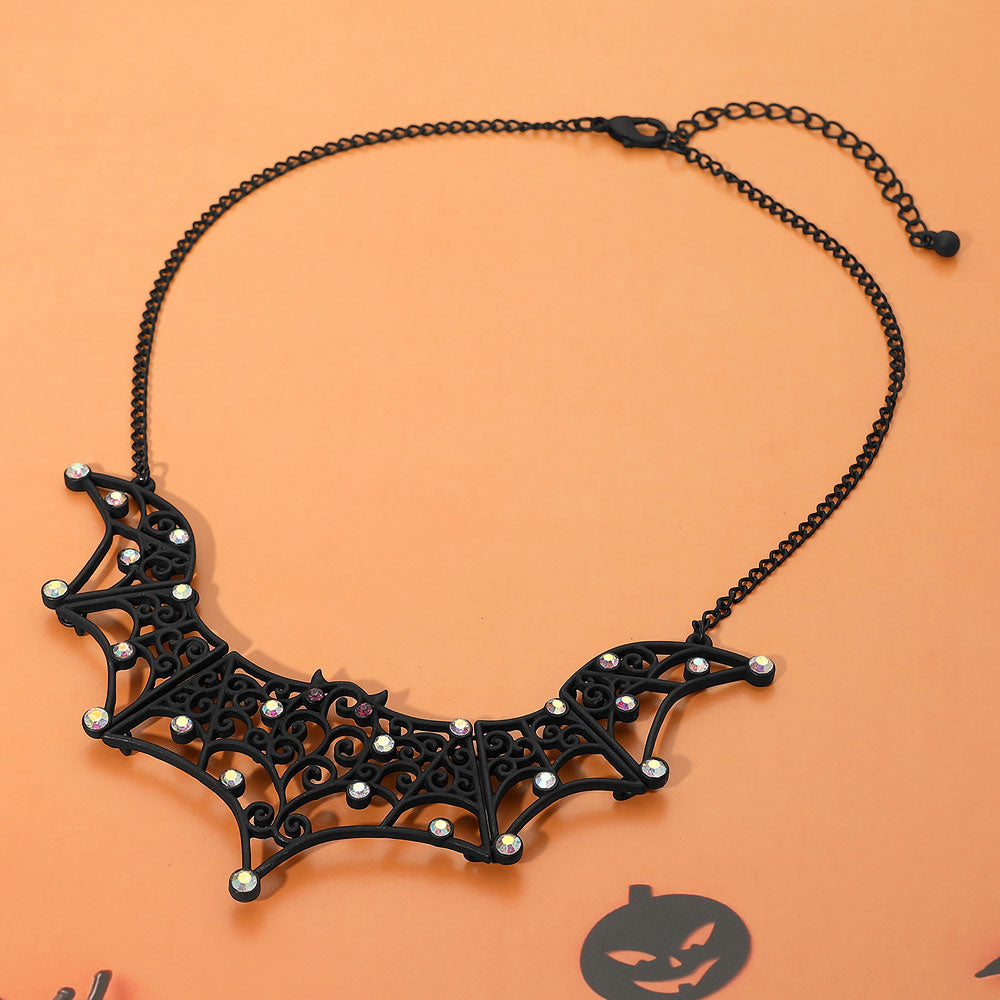 Black, Multi Rhinestone Accent Gothic Bat Wing Necklace