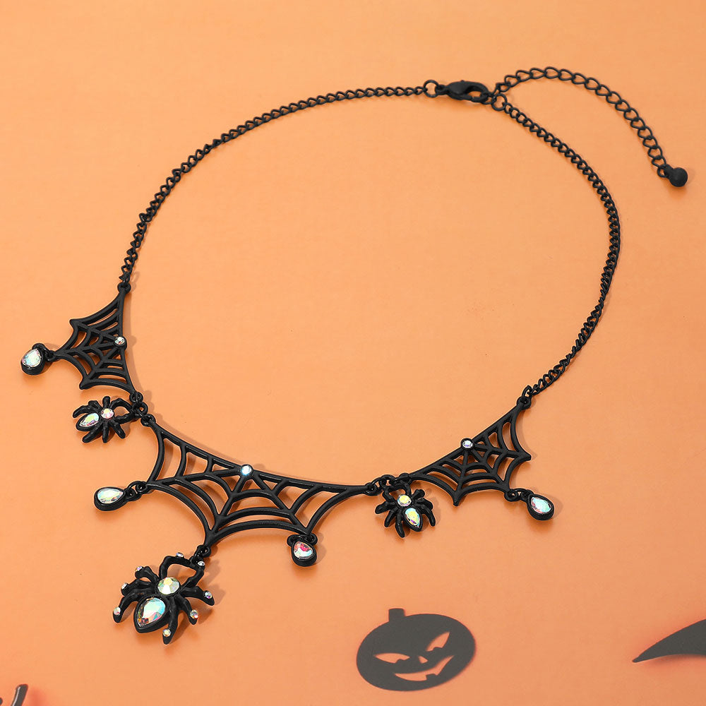 AB, Black Rhinestone Accent Halloween Spider Web Necklace