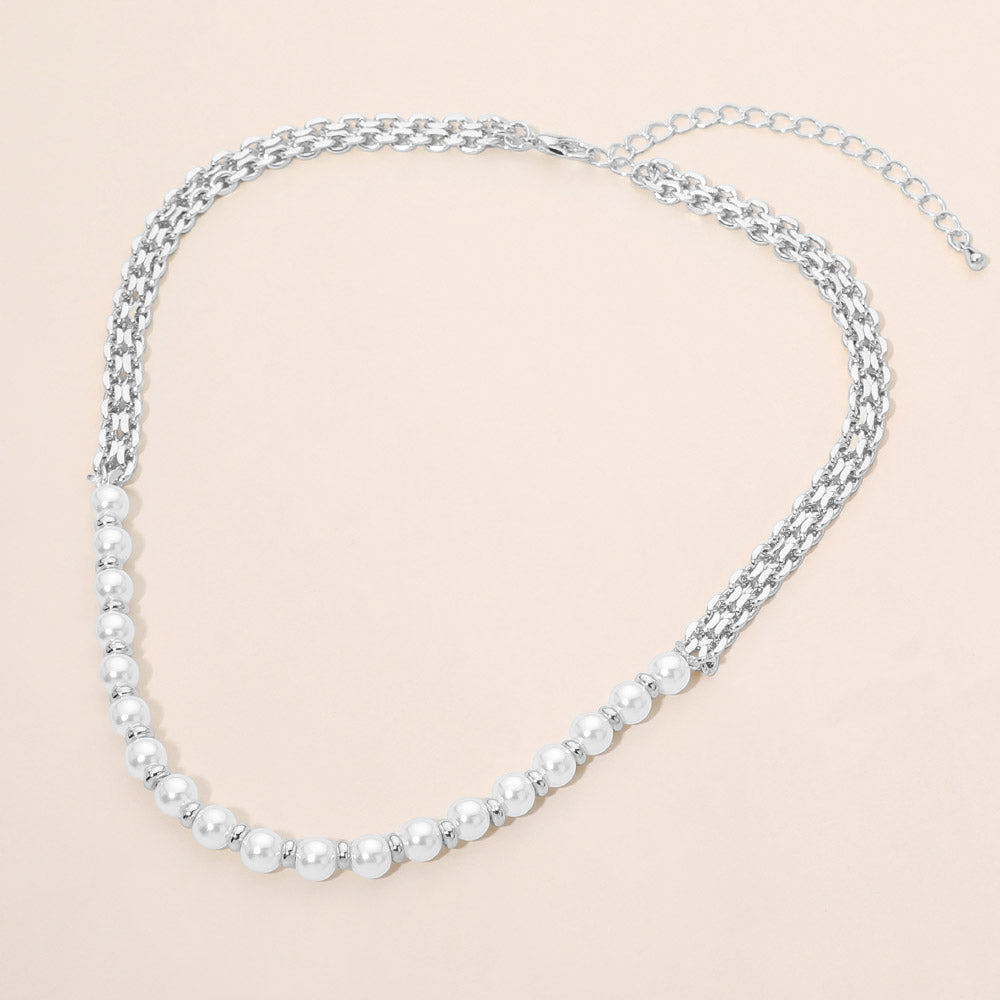 Madeline Love Cream, Rhodium Pearl Beaded Chain Necklace
