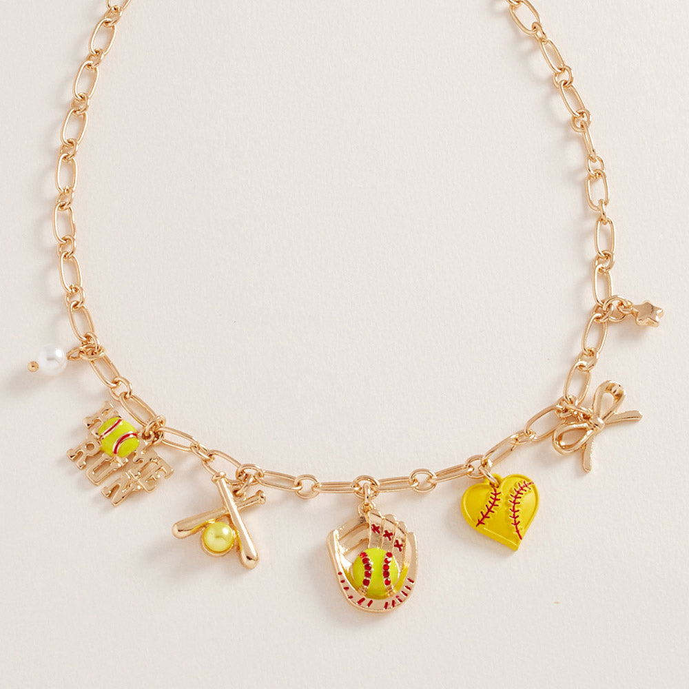 Madeline Love Gold, Yellow Softball Bow Pearl Charm Necklace - Necklaces
