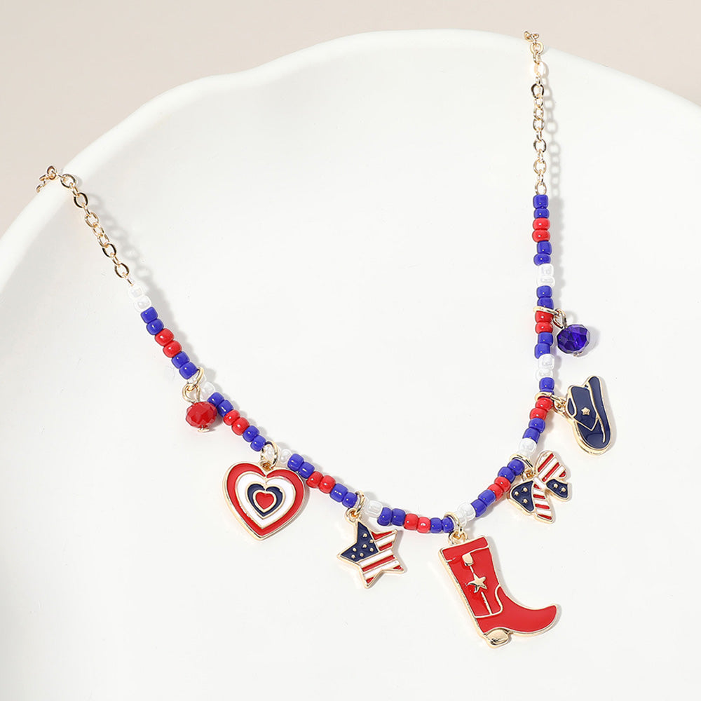Madeline Love Gold, Multi Enamel American USA Flag Western Boot Hat Bow Star Heart Charm Beaded Necklace - Necklaces