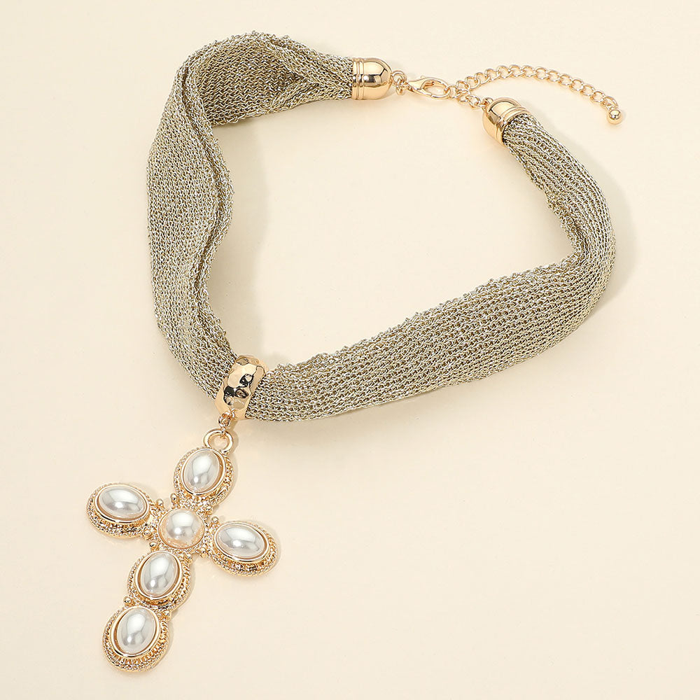 Madeline Love Cream, Gold Oval Pearl Cross Pendant Accent Mesh Chain Statement Necklace
